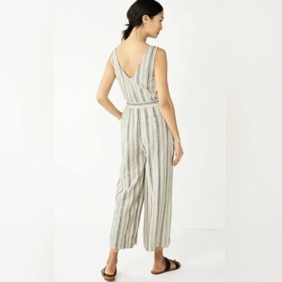 NWT Sonoma Linen Blend Jumpsuit- Light Tan with Gray/Blue Vertical Stripes, Sz L - Picture 2 of 13